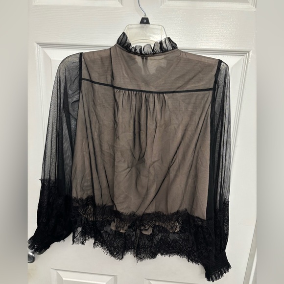 Anthropologie Sheer Black/Tan Lace Whimsigoth Dark Feminine Victorian Blouse, L - Picture 2 of 10